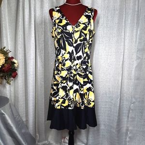 NINE WEST V-NECK FLORAL DRESS SIZE 14 BLACK AND YELLOW